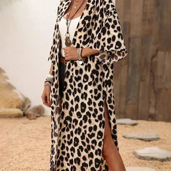 Khaki Casual Women's Leopard Print Split Front Button Up Shirt - Picture 5 of 6